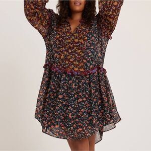 Anthropologie Helene Floral Ruffle Trim Boho Tunic Dress Size Small Oversized